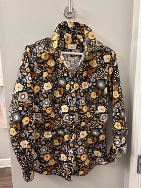 Black Floral Button-Up Shirt with Yellow & Gray Accents